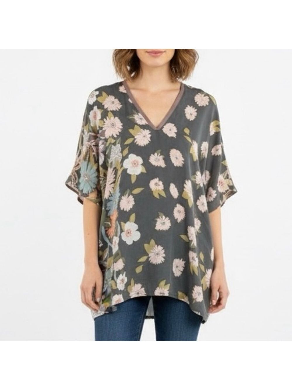 Johnny Was Silk Floral V Neck Tunic Top Blouse Size XS Pockets Lightweight